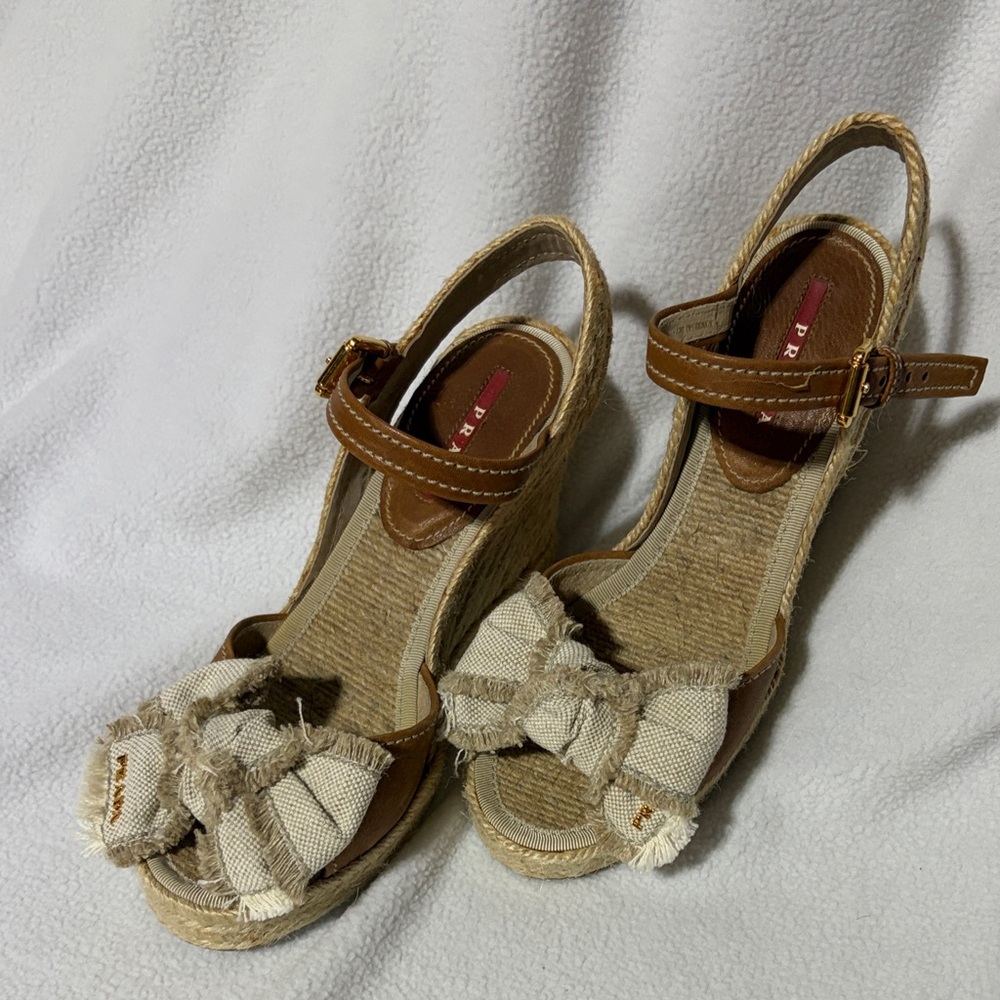 Prada Brown and Cream Wedge Sandals